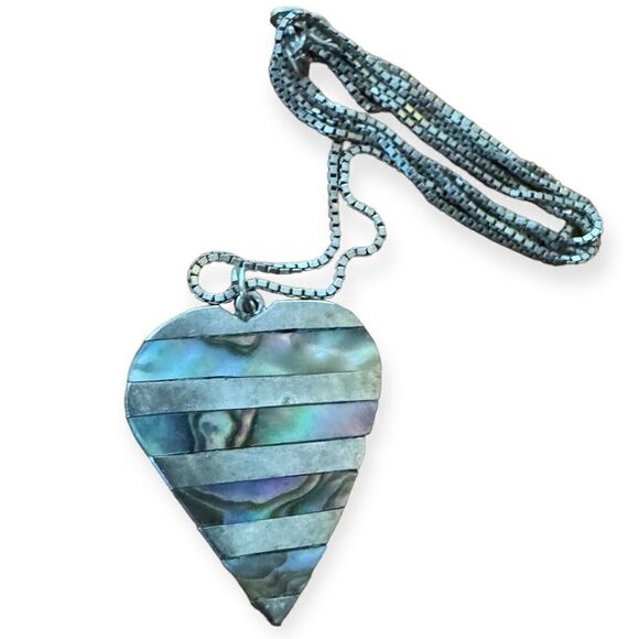Mother Of Pearl Abalone Inlay Doublet Sterling Silver Necklace Heart Pendant - Picture 1 of 3